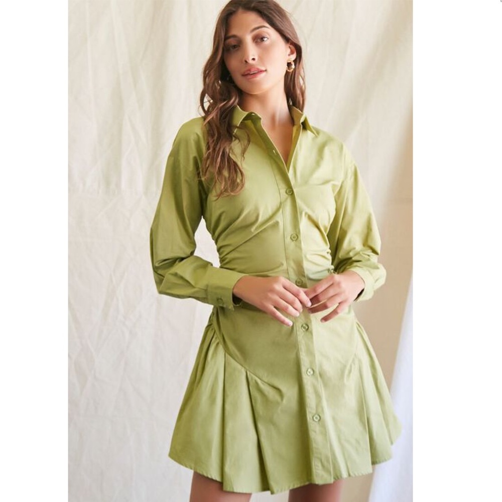 Green mini flounce Shirt dress New
